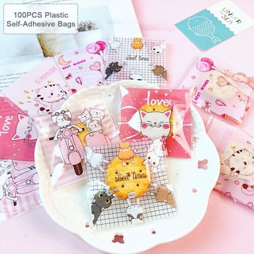 100pcs Cookie Candy Package Gift Bag Cute Cartoon Snack Baking Biscuit Cellophane Self Adhesive Bags Party Birthday Packing Bags