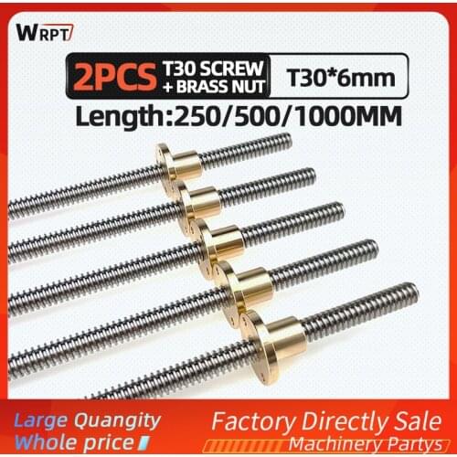 CNC 3D printer 2PCS T30 trapezoidal rod lead screw thread 30mm lead 6mm with brass nut, L = 250MM/500MM/1000MM