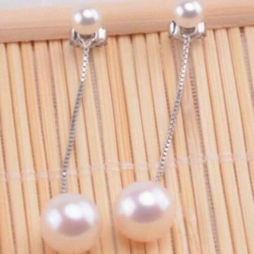 Free shipping noble jewelry Large 7mm & Small 5mm Freshwater Pearl Long Chain Earrings 925 Silver