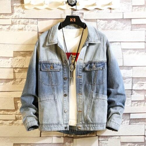 #7134 Streetwear Denim Jeans Jacket Men M-5XL Loose Vintage Denim Jacket Coat Long Sleeved Front Big Pockets Gradient Color