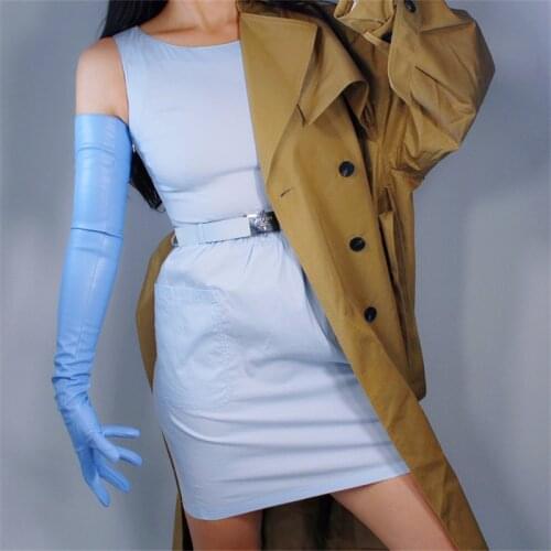 Extra Long Leather Gloves Female 70cm Faux Leather Sheepskin Light Blue Sky Blue Women PU Leather Gloves WPU230