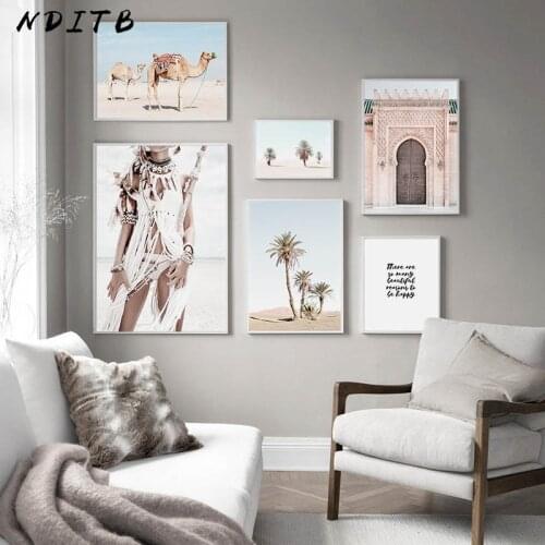 Boho Girl Canvas Wall Art Print Painting Nordic Poster Arabian Camel Desert Landscape Decorative Picture Living Room Decoration