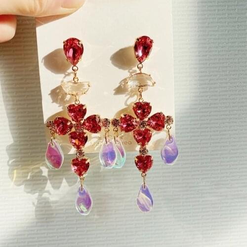 Korean Luxury Red Heart Crystal Long Pendientes Mujer Moda Fashion Acrylic Exaggerated Drop Earrings Party Jewelry