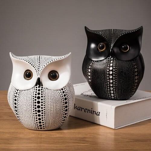 Nordic Style Minimalist Craft White Black Owls Animal Figurines Resin Miniatures Home Decoration Living Room Ornaments Crafts