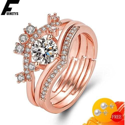 Bali Jelry Trendy Ring Silver 925 Jewelry for Women 3 in 1 Crown Shape Zircon Gemstone Ring Set Accessories Wedding Engagement