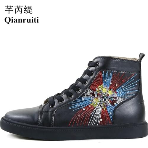 Men Vulcanized shoes Embroidery Diamond Male Shoes Lace-up Crystal Flat High Top Firework Rhinestone Sneakers EU39-EU47