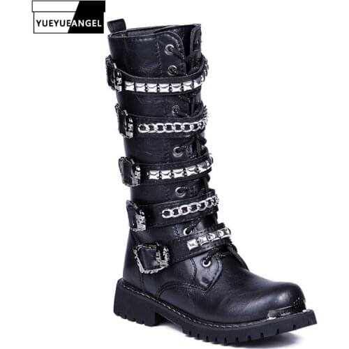 Black Boots Men Punk Military Boots Fashion Rivets High-Top Pu Leather Shoes Top Quality Zip Army Combat High Boots Casual Shoes