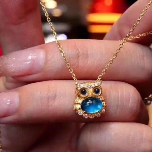 Sky Blue Natural Topaz S925 Sterling Silver Gold-Plated Handmade Micro-Inlaid Owl Animal-Shaped Pendant Item for Women