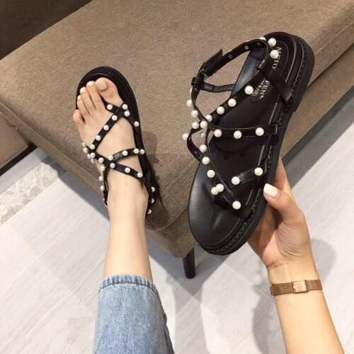 New 2021 Womens Summer Sandals shoes woman Roman Womens Open Toe Shoes pearl ladies Flat Shoes Comfortable Beach Sandals