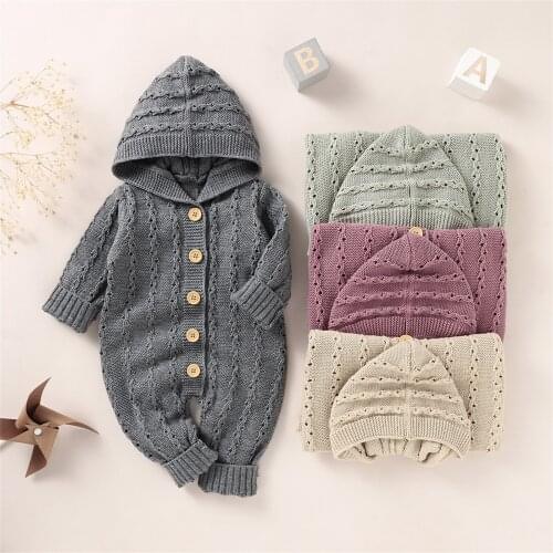 Citgeett Autumn Solid Infant ToddlerBaby Girls Boys Jumpsuit Knitted Hooded Long Sleeves Romper Buttons Spring Clothes 0-18M