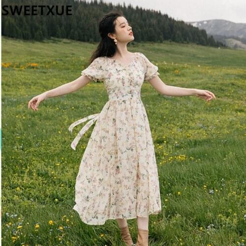 SWEETXUE Summer French Retro V-neck Gentle Puff Sleeve Floral Dress Fashion Romantic Chic Female Vestidos