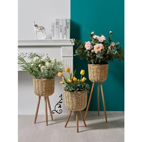 Nordic floor flower stand high and low flower pot straw flower basket living room balcony simple creative flower stand