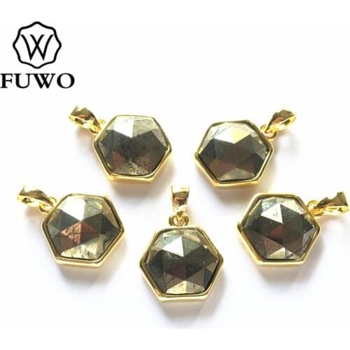 FUWO Natural Faceted Hexagon Pyrite Stone Bead Pendant Charm With Brass Bezel Trimmed Quartz For Jewelry Making PD284