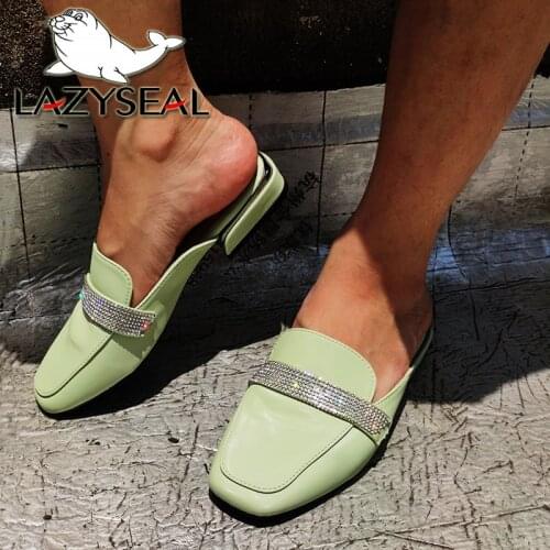 LazySeal New Slippers Women Flowers Crystals Shoes Woman Mules Square Toe Low Heels Cover Slippers Sexy Ladies Slides Plus 43