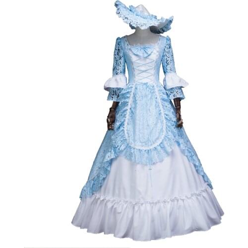 Blue Long Sleeve Lace European Court Dress Stage Play Performance Clothing Evening gown Party Ball Theme Clothing