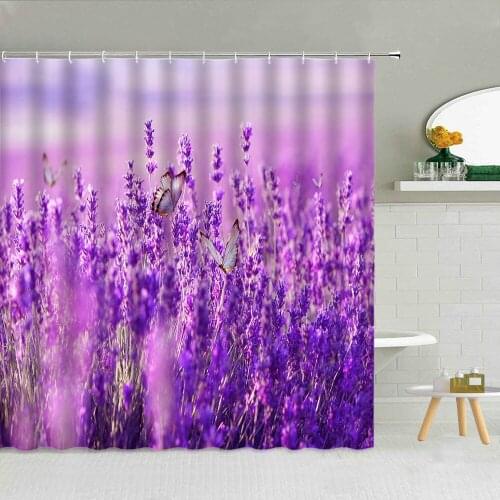 Lavender Butterfly Pastoral Scenery Shower Curtains Garden Purple Flower Landscape Bathroom Decor Waterproof Fabric Curtain Set