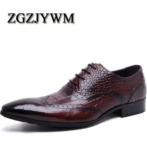 ZGZJYWM New High Quality Genuine Leather Men Lace-Up Crocodile Brogues Lace-Up Bullock Business Oxfords Men Dress Shoes