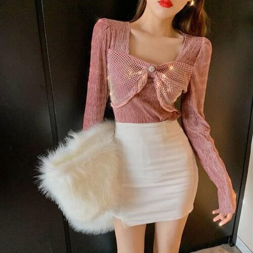 Korean 2021 New Spring Square Collar Bow Long Sleeve White/Pink/Black T-shirts Autumn Womens Clothing Fashion Tees Sweet