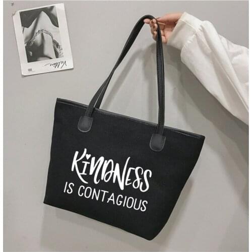 Kindness is Contagious Printed Women Funny Gift Canvas Tote Bag Shoulder Christian Church Bag Beach Bag Work Bag Handbag