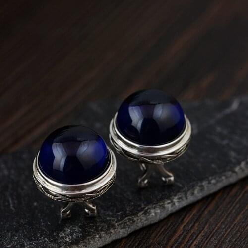 FNJ Round Blue Corundum Earrings 925 Silver Original Pure S925 Sterling Silver Stud Earring Women Jewelry