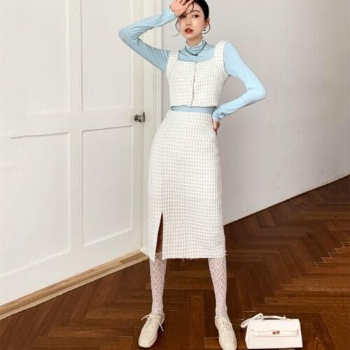 2021 High Quality Autumn Winter Women Tweed 2 Piece SetSingle-Breasted Vest Tops+Slim Bodycon Skirt Female Fashion Suits