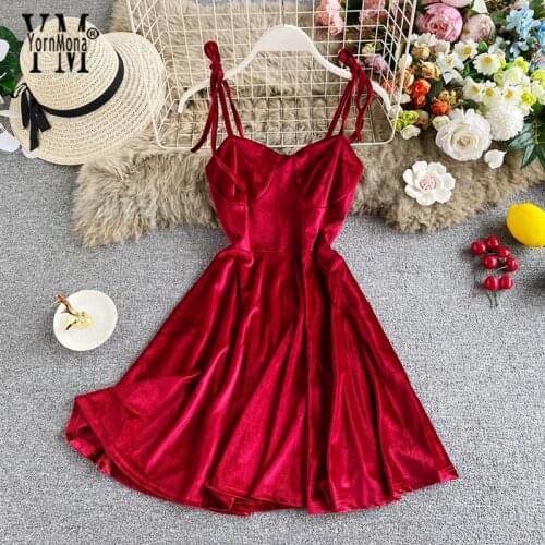 YornMona Spaghetti Strap High Waist Sexy Autumn Dress Women Off Shoulder Backless A-line Mini Dress Red Short Night Party Dress
