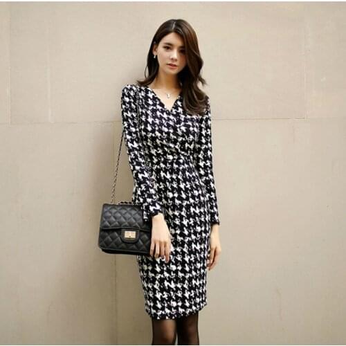 Printted Houndstooth Midi Dress Women Corset Long Sleeve Sheath Work Office Dress Women Casual Streetwear Autumn Dress Women