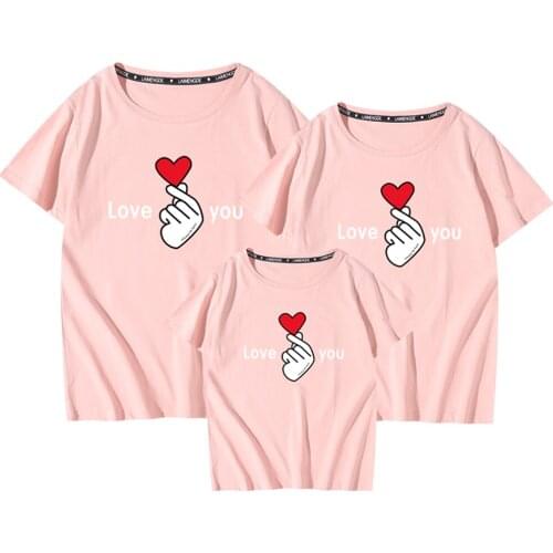 Love You Red Heart Family Matching T Shirts Summer Short Sleeve Pink Cute Tshirts Father Mother Kids Tshirts 100%Cotton 1PC Tees