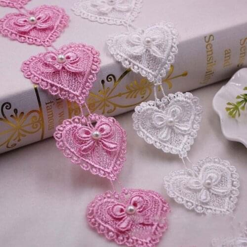 15Yards Heart Bows Luxury Lace Edge Trim 5cm Pink White Bridal Wedding Dress Ribbon Embroidered Applique Patch Sewing Craft
