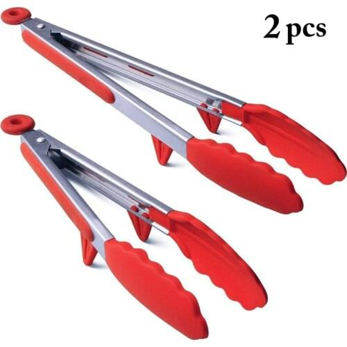 2PCS Stainless Steel Food Tongs Non-Slip Silicone Pastry Clamp Food Tongs With Stand Anti Heat Barbecue Clips Kitchen Utensils