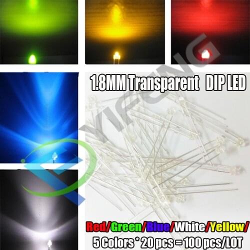 20pcs x 5 Colors = 100pcs 1.8mm Transparent red/yellow/blue/green/white Ultra Bright water clear R/Y/B/G/W LED Lamps