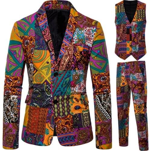 2019 New African Style 3 Pieces Mens Suits Print Slim Fit Wedding Suits Tuxedos for Wedding (Jacket+Pants+Vest)
