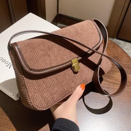 2021 Vintage Baguette Bags For Women Corduroy Female Flap Lady Handbags And Purses Sac A Main Femme Shoulder MessengerBag