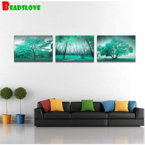 3 Piece diamond painting Wall Art Teal Green Tree Forest Triptych Landscape diamond embroidery,full drill,sqaure round diaomnd