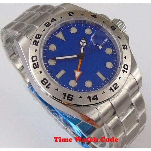 43mm Automatic Mens Wristwatch GMT Function Date Display Blue Dial Sapphire Glass SS Bracelet Luminous Cyclops Brushed Bezel