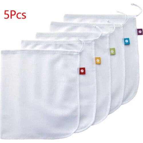 5Pcs/lot Reusable Fruit Vegetable Storage Bag Drawstring Bag Polyester Mesh Bags for Vegetable Fruit Kitchen Storage Organizer