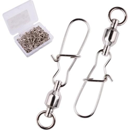 50Pcs/Box Ball Bearing Fishing Hook Swivel With Nice Snap Silver Stainless Steel Hard Fishing Lure Swivels Connector Accessories