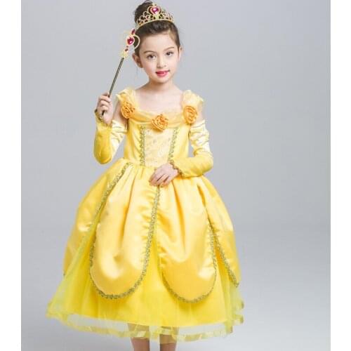 ABGMEDR Brand New Princess Belle Dress Girls Dresses 2018 Children New Year Clothing Monsoon Kids Party Dress Yellow Vestido