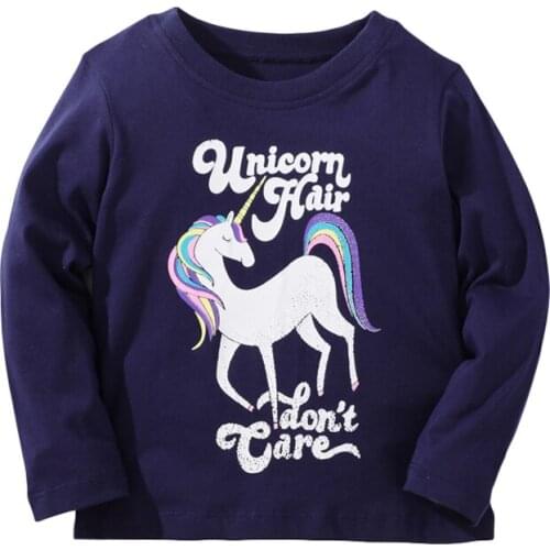 Jumping Meters Girls T-shirt Autumn Cartoon Colourful Unicorn Pattern Casual Crew Neck for Long Sleeve Top Navy Blue 2-7years