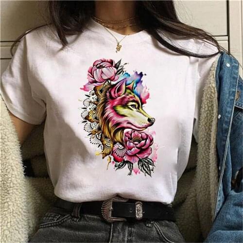 Colored Wolf Pattern Print Tshirt 2021 Summer Short-sleeved Cute Cartoon Animals Harajuku Female Clothing Woman Hip-hop Top Tees
