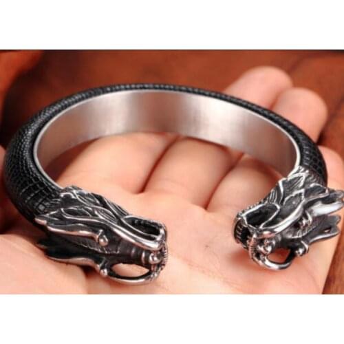 High Quality Stainless Steel Genuine leather Bracelet Biker dragon End Bangle Mens XMAS Gift