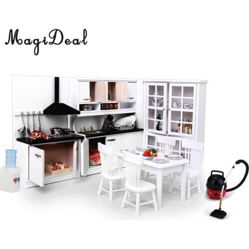 Handcrafted 1/12 Dollhouse Modern Sense Kitchen Cabinet Set&Silver Metal Wine Set Dining Table Chair Model Accessories Toys
