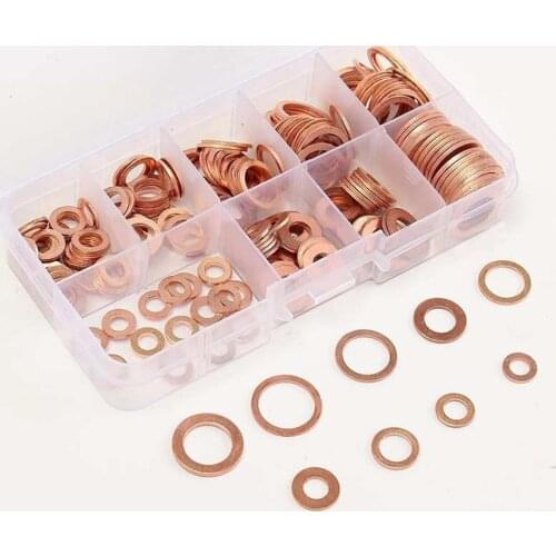 200pcs Copper Washer Gasket Nut and Bolt Set Flat Ring Seal Assortment Kit with box M5-M14 Electrical Woodworking Washers Sets