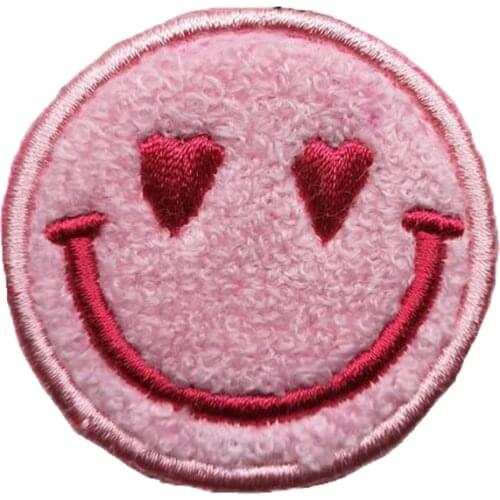 Pink Smiley Face Chenille Patches Iron on High Quality for Clothing Accessories Appliques Hats T-Shirts DIY Badges Free Shipping