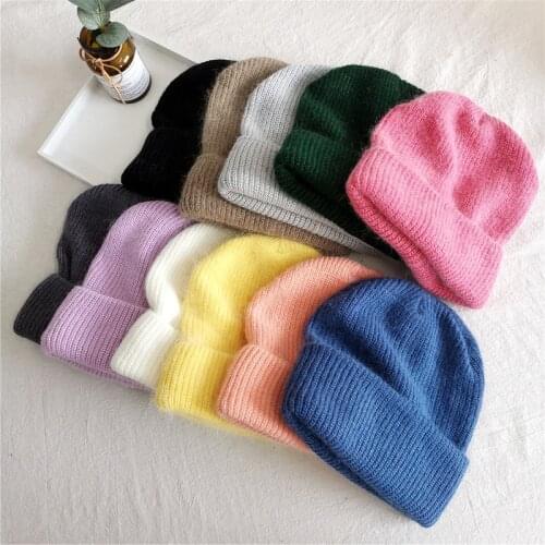Real Rabbit Fur Winter Hat For Women Angora Solid Knitted Beanies Hat Female Pure Color Warm Woolen Soft Fluffy Knit Hat