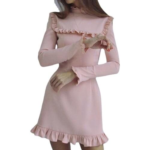 Flounce Dress Turtleneck Long-Sleeved Dress Pink Balck Sold Color Dress for Women