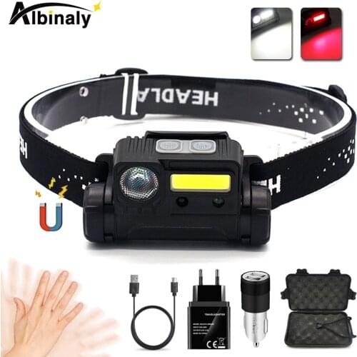 Portable LED Headlamp IR Sensor Waterproof COB Headlight USB Rechargeable Mini Fishing Lantern with Side Magnet Camping Torch