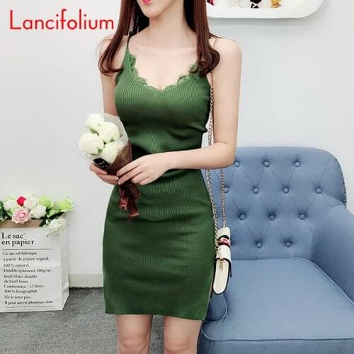 Sexy Green White Pink Black Summer Beach Party Bodycon Lace V-Neck Ribbed Split Short Mini Dress Women 2021 Sundresses Casual