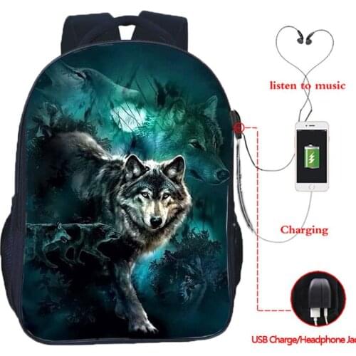Wolf 3d Prints Backpack Boys Girls School Bag Teenager Usb Cable School Bags Zipper Backbag Middle School Student Bookbag 16Inch