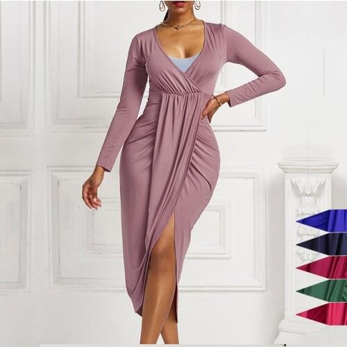 OTEN Sexy V Neck Ruched Bodycon Irregular Dress Women Solid Long Sleeve Elastic Waist Club Party Dresses Vestido Griego Elegante